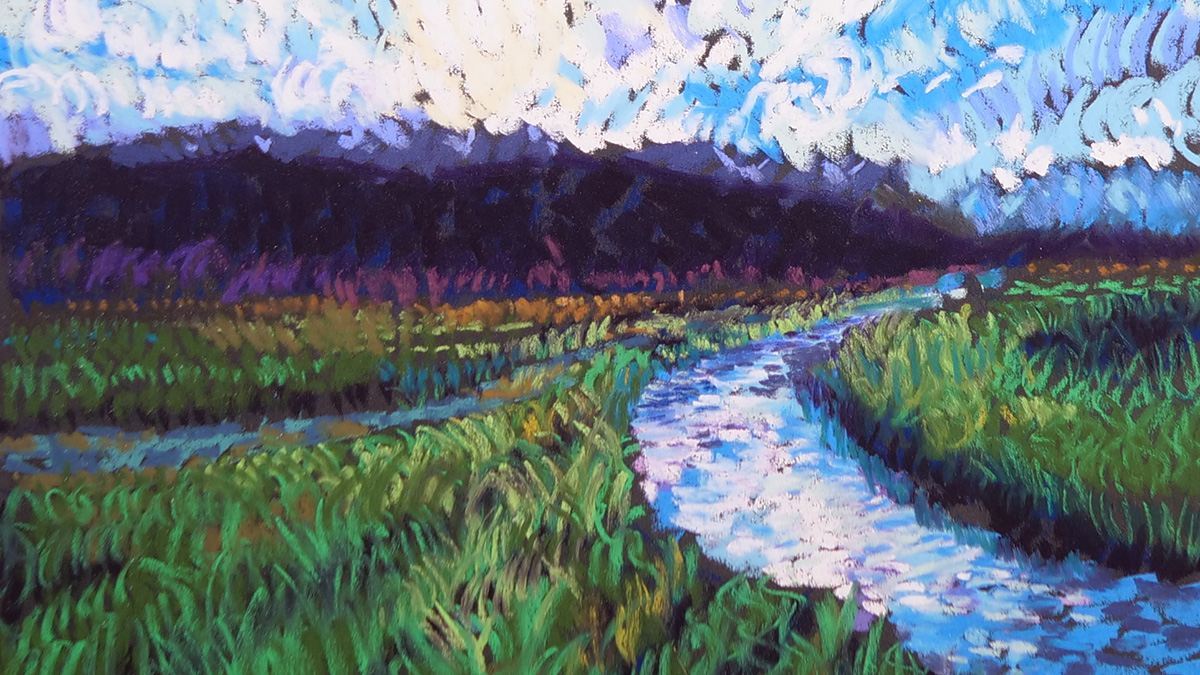 Pastel Painting of Potters Marsh, Alaska in style of Van Gogh