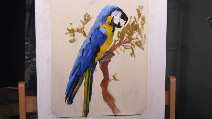 Oil painting of blue macaw