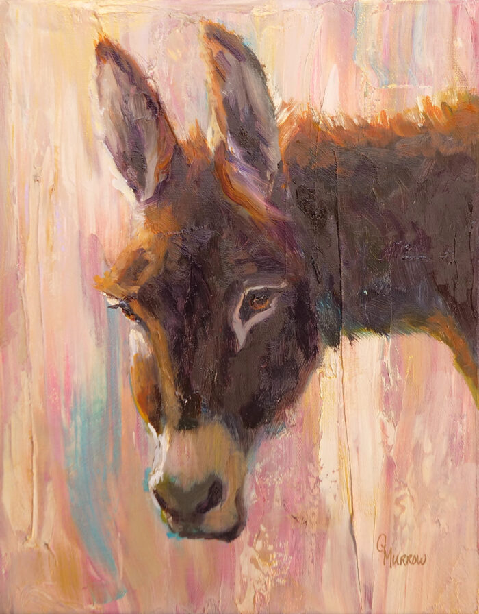 Oil painting of a wild burro face looking at viewer