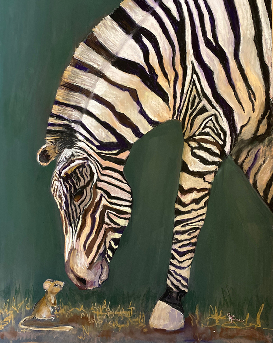 large pastel painting of a zebra and a mouse